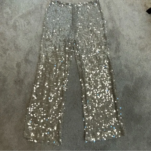 Zara champagne gold sequin embellished sparkly knit dress pants pull on L NWOT - Picture 4 of 15